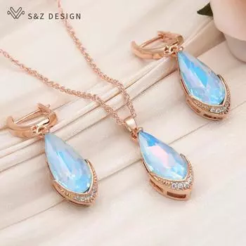 Модные висячие серьги с каплями воды и кристаллами, комплекты ювелирных изделий для женщин, свадебное ожерелье с цирконием розового золота