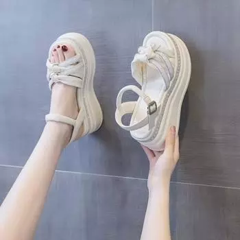 Модные внутренние римские сандалии с высоким каблуком, женские, лето 2025, новые взрывные, интернет-знаменитости, кексы, наклонный каблук, платформа, спорт 35