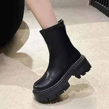 Модные водонепроницаемые ботинки с толстой подошвой и круглым носком, короткие ботинки-трубы, эластичный кожаный верх на молнии для осени/зимы 35
