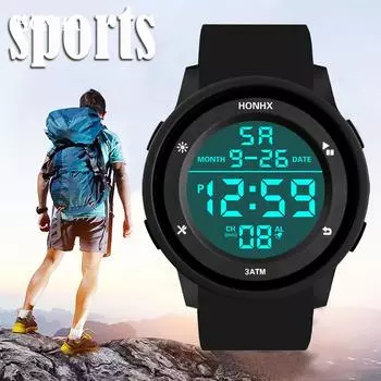 Модные водонепроницаемые мужские часы с ЖК-дисплеем для мальчиков с цифровым секундомером и датой, резиновые спортивные наручные часы чёрный