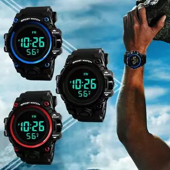 Модные водонепроницаемые мужские часы с ЖК-дисплеем для мальчиков с цифровым секундомером и датой, резиновые спортивные наручные часы чёрный