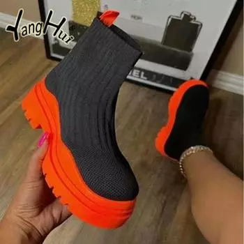 Модные вязаные эластичные носки-сапоги 2024 года, модные новые модные туфли смешанных цветов на платформе для женщин на осень-зиму 35 розы красного