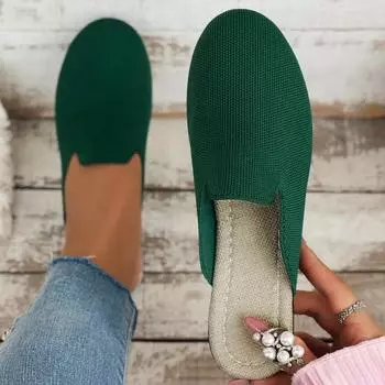 Модные вязаные дышащие женские полутапочки 2024 года, повседневные модные женские мокасины, мягкие и удобные летние повседневные тапочки Zapatos 36 зелёный