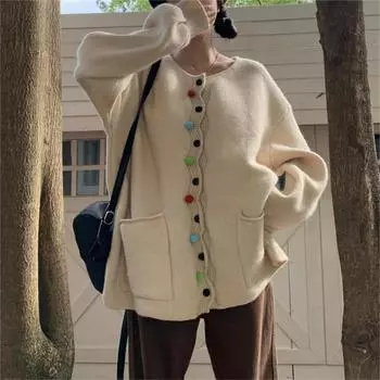 Модные вязаные кардиганы с длинным рукавом больших размеров, женские осенние ретро-свитера свободного дизайна, женские кардиганы с круглым вырезом, повседневные зимние свитера 25927 One Size зелёный