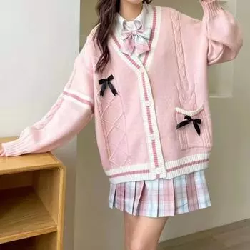 Модные вязаные кардиганы с милым бантом Y2k, эстетичные, все сочетающиеся, контрастные цвета, пальто, модные однобортные женские свитера Kawaii JK, джемперы One Size розовый