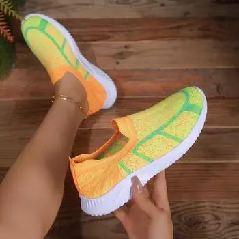 Модные вязаные кроссовки с принтом для женщин, весенне-осенние дышащие сетчатые кроссовки, женская повседневная обувь на мягкой подошве на плоской подошве 36 жёлтый