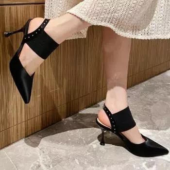 Модные вязаные резинки на высоком каблуке женские туфли новые босоножки на каблуке туфли для вечеринок 2024 года туфли-лодочки с острым носком летние женские туфли Zapatos 34 чёрный