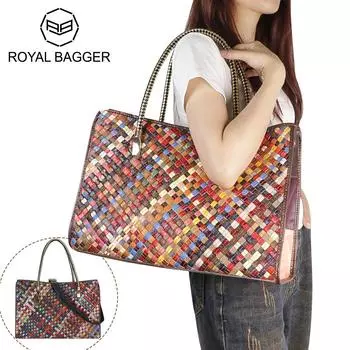 Модные вязаные сумки Royal Bagger, сумка через плечо с вышивкой из натуральной кожи, женская сумка-саквояж с верхней ручкой 1783