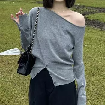 Модные вязаные свитера с открытыми плечами и длинными рукавами, осенние, нерегулярные, косые, сексуальные, вязаные женские свитера с разрезами, зимние, тонкие, повседневные, пуловеры 25351 S жёлтый