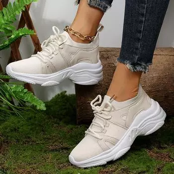 Модные вязаные толстые кроссовки женские осенние дышащие спортивные туфли на платформе со шнуровкой на толстой подошве женские кроссовки 38 36 бежевый