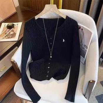 Модные вязаные топы Новые Y2K вышивка кардиганы с длинным рукавом свитера корейская мода уличная одежда женские рубашки One Size чёрный