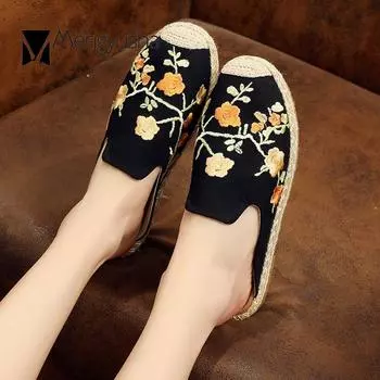 Модные вышитые цветы этнические пеньковые вязаные мюли женские тапочки с закрытым носком эспадрильи шлепанцы плетеные сливовые цветки пляжная обувь 5 красный