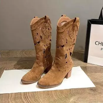 Модные вышитые замшевые сапоги на толстом каблуке в стиле вестерн для женщин, модные повседневные сапоги на мягкой подошве для весны и осени, женские сапоги в стиле рыцарь 35