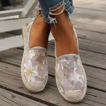 Модные вышитые женские сетчатые сандалии на плоской подошве 2024 года, новые летние повседневные кроссовки для бега, дизайнерские классические дышащие 36 бежевый