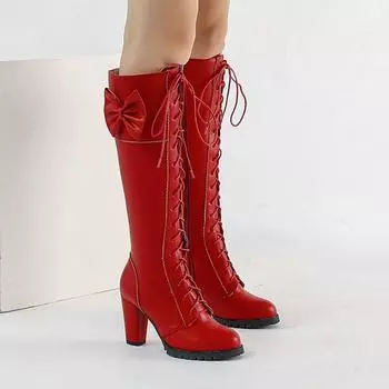 Модные высокие блочные каблуки 7 см с бантом на шнуровке в стиле Лолиты, длинные сапоги на молнии, зимние милые женские сапоги до колена из искусственной кожи с круглым носком 34 белый