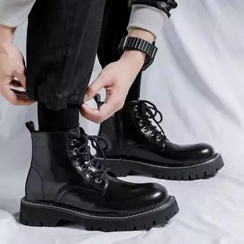 Модные высокие ботинки для мужчин, кожаные ботинки, модные мотоциклетные ботинки для мужчин, зимние ботинки, мужская обувь, ботинки на шнуровке, hombre 38 чёрный