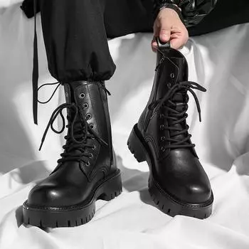 Модные высокие ботинки мужские с круглым носком удобные модные дышащие уличные ботинки на платформе нескользящие кожаные ботинки весна осень основной размер 48 38 чёрный