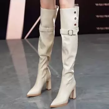 Модные высокие каблуки выше колена сапоги челси остроносые туфли зимние абсолютно новые сексуальные готические повседневные туфли массивные ботинки женские 35