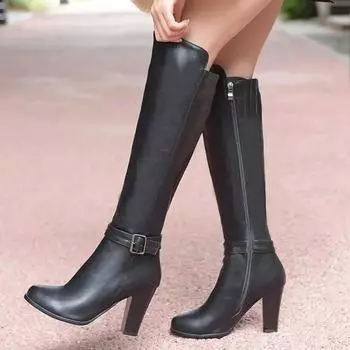 модные высокие каблуки женские сапоги до колена из искусственной кожи офисные женские туфли весенне-осенние сапоги женские большие размеры 34-43 35