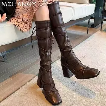 Модные высокие каблуки женские высокие сапоги дизайнерские квадратные носки массивные туфли женские 2024 трендовые зимние сапоги туфли-лодочки зимняя мода готические женские ботинки 35 коричневый