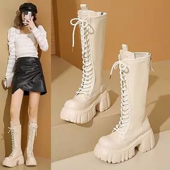 Модные высокие каблуки женские высокие сапоги толстая подошва дизайнерская кожаная обувь 2024 зимние брендовые высокие каблуки модные мотоциклетные сапоги женские 34 бежевый