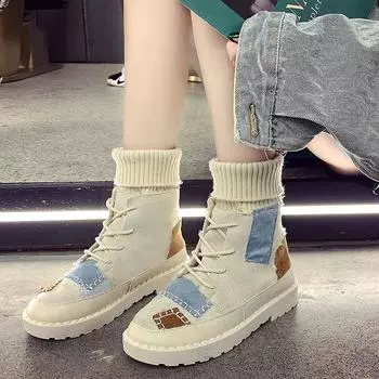 Модные высокие модные вязаные женские зимние ботинки на шнуровке резиновые женские повседневные зимние ботинки женские ботильоны на плоской подошве 5 серый