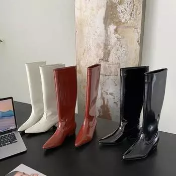 Модные высокие сапоги для женщин, модные лакированные кожаные сапоги с острым носком, элегантные женские сапоги на низком каблуке, женская обувь 2024 года 35 чёрный