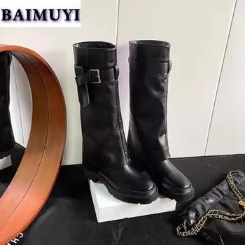 Модные высокие сапоги до колена, массивная женская обувь, зима 2025, новые кожаные удобные ботинки челси в стиле панк-гладиатор, модные готические зимние ботинки челси Mujer 35