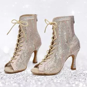 Модные высокие танцевальные ботинки, кружевные танцевальные туфли со стразами, женские туфли для бальных танцев, свадебных танцев, высота каблука 9 см 35 телесный