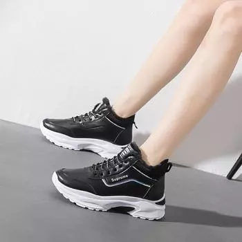 Модные высокие туфли из вулканизированного хлопка для женщин 2024 года, зимняя толстая подошва, плюшевая теплая повседневная спортивная обувь Zapatos De Mujer 35 чёрный