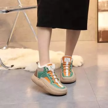 Модные высокие женские туфли 2024 года, новые осенне-зимние цвета, толстые подошвы для тепла и модной вулканизированной обуви 35 зелёный