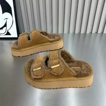 Модные, высокого уровня внешний вид, толстая подошва, открытый носок, пряжка-игла, плюшевые, теплые, модные, все удобные, нескользящие, меховые женские тапочки 35 покинуть белый