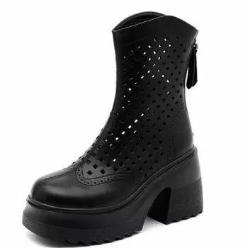 Модные высококачественные 10 см натуральная кожа женские модные сандалии обувь лодыжка дышащие летние полые мокасины мотоциклетные ботинки сапоги 34 чёрный