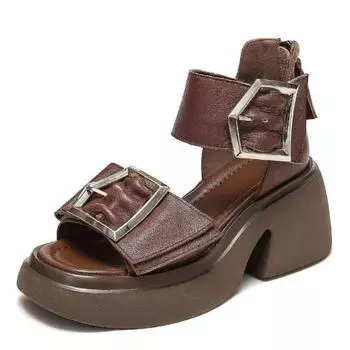 Модные высококачественные 8 см молния из натуральной кожи элегантные роскошные женские ботильоны с открытым носком на платформе и танкетке женские летние сандалии 35 коричневый