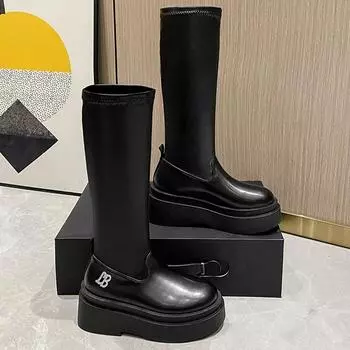 Модные высококачественные эластичные ботинки на платформе без застежек весна-осень для поездок на работу черные длинные женские ботинки для женщин Zapatos De Mujer 35 чёрный