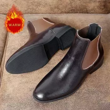 Модные высококачественные фирменные мужские туфли из натуральной кожи с высоким верхом, кожаные ботинки, ботинки «Челси», мужские деловые ботинки для пожилых людей, хлопковые ботинки 37 чёрный