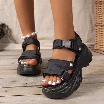 Модные высококачественные летние женские сандалии с открытым носком на толстой подошве 2024 года, однотонные повседневные женские сандалии на среднем каблуке с пряжкой 35 бежевый