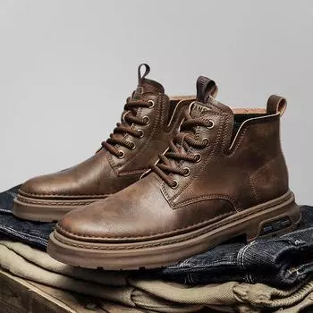 Модные высококачественные мужские повседневные кожаные уличные мотоциклетные ботинки винтажные плоские дизайнерские ботинки с круглым носком в стиле панк классические высокие ботинки из коровьей кожи 39 коричневый