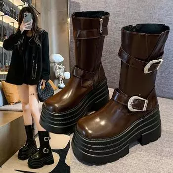 Модные высококачественные женские сапоги 2024 года, новые водонепроницаемые нескользящие женские туфли на платформе, модные универсальные сапоги до середины икры на высоком каблуке 35