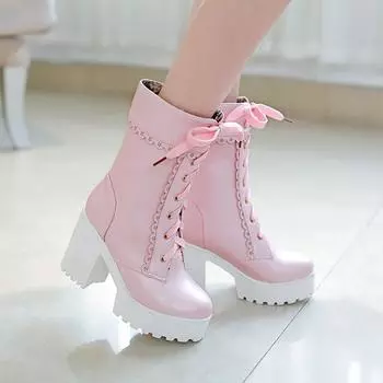 Модные XJRHXJR белые студенческие мягкие туфли на высоком каблуке в стиле Лолиты для косплея, милые туфли в стиле Лолиты, женские туфли на платформе до середины икры 34 розовый