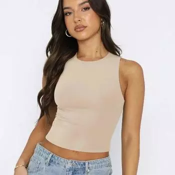 Модные Y2K сексуальные укороченные майки без рукавов, женские топы, повседневные майки, женские однотонные облегающие повседневные летние топы 30633 XS чёрный