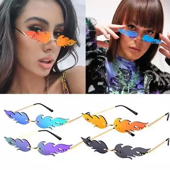 Модные забавные очки в маленькой оправе, красочные солнцезащитные очки без оправы с металлическим пламенем One Size чёрный