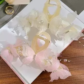 Модные заколки для волос в виде бабочек, женские элегантные заколки для хвоста с жемчугом и бантом, милые крабовые волосы, головной убор, аксессуары для волос белый