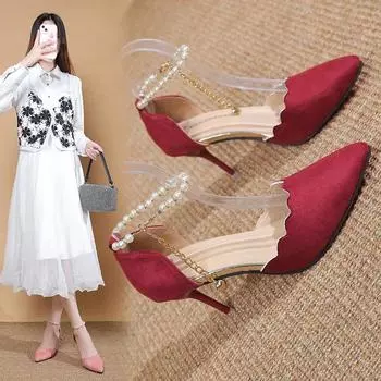 Модные замшевые элегантные женские туфли-лодочки на тонком высоком каблуке с острым носком и цепочкой из бисера, темпераментные вечерние модельные туфли средней полости 35 синий