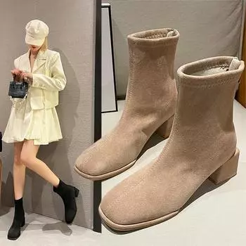 Модные замшевые короткие сапоги с квадратным носком, женские, осенне-зимние, эластичные, с толстым каблуком, на молнии сзади, ботильоны, модные, серые, черные, Botas De Mujer 35 чёрный