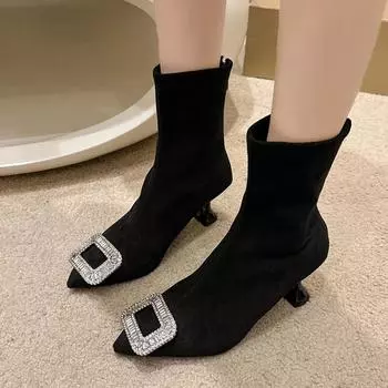 Модные замшевые остроносые ботильоны челси женские сексуальные туфли на высоком каблуке 2024 года дизайнерские новые туфли-лодочки короткие плюшевые ботинки зимняя женская обувь 35