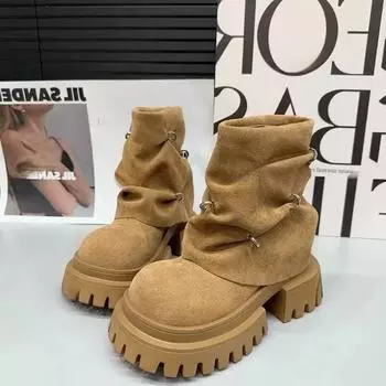 Модные замшевые туфли на квадратном каблуке, современные ботинки, весна/осень, женская обувь без застежек, распродажа 2024 года, высококачественные женские ботинки на высоком каблуке с круглым носком 35