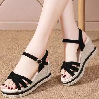 Модные замшевые женские босоножки на танкетке с металлическим ремешком и пряжкой, женские босоножки на платформе на каблуке 7 см, уличные повседневные сандалии для женщин 5