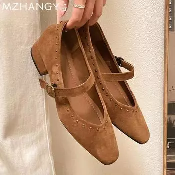 Модные замшевые женские туфли Мэри Джейн на среднем каблуке, повседневные туфли на низком каблуке, женские туфли 2025 года, осенние туфли-лодочки, босоножки, туфли-лодочки, новинка Mujer De Ballet Zapatillas 35 красный