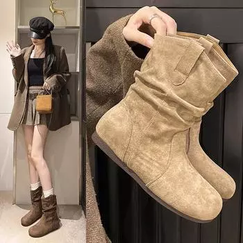 Модные замшевые женские зимние ботинки на толстой подошве, туфли на платформе, зимняя новая тенденция 2024 года, модные туфли на среднем каблуке, женские короткие ботинки 35 коричневый